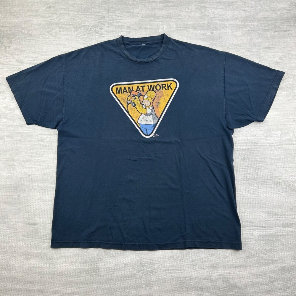 Vintage Simpsons Man At Work Shirt Size XL Navy Blue Homer Matt Groening Yield